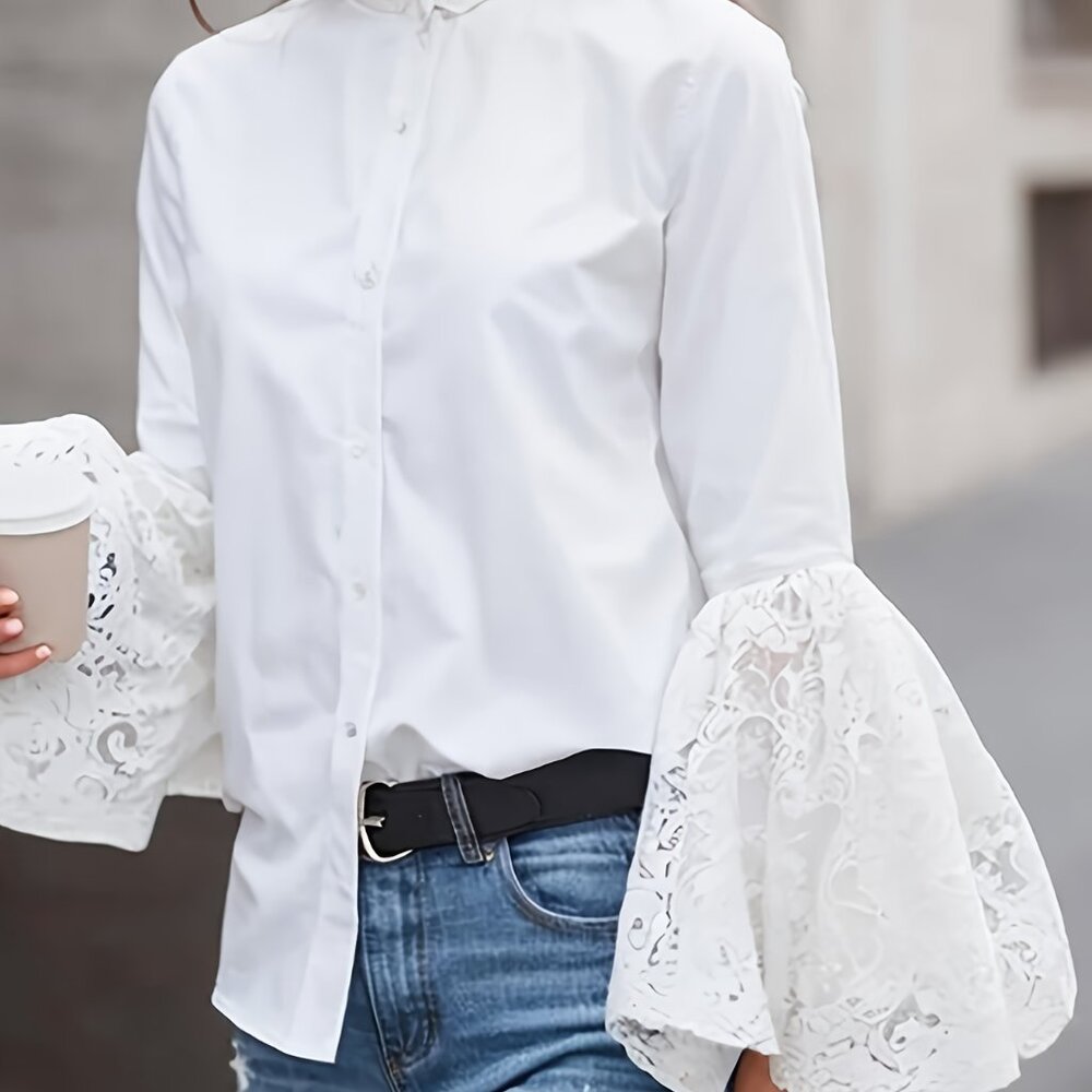 Solid Lace Stitching Button Front Shirt, Elegant Mock Neck Long Sleeve